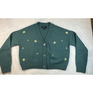 Witty Fox Ditzy Floral X-Small Green Cropped Button Sweater Embroidered Flowers